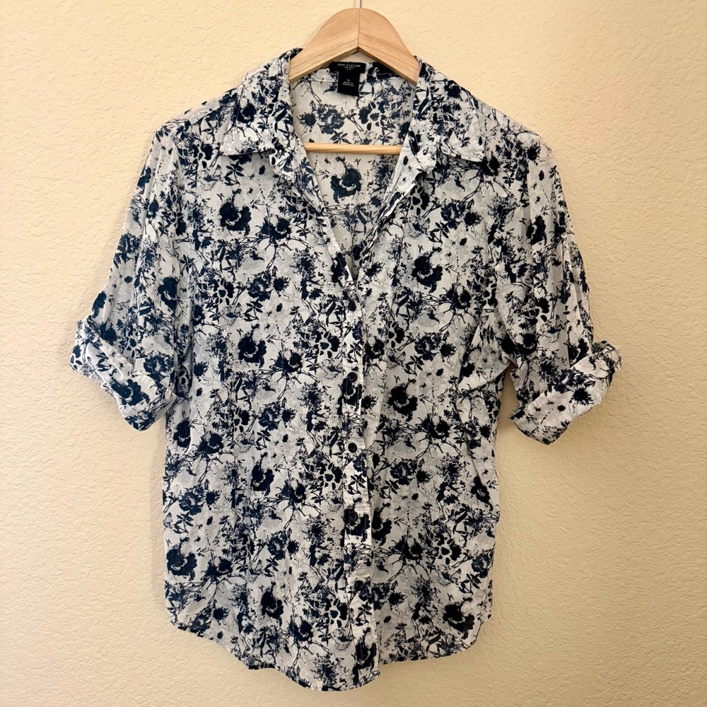 Ann Taylor Navy and White Floral Men's Shirt